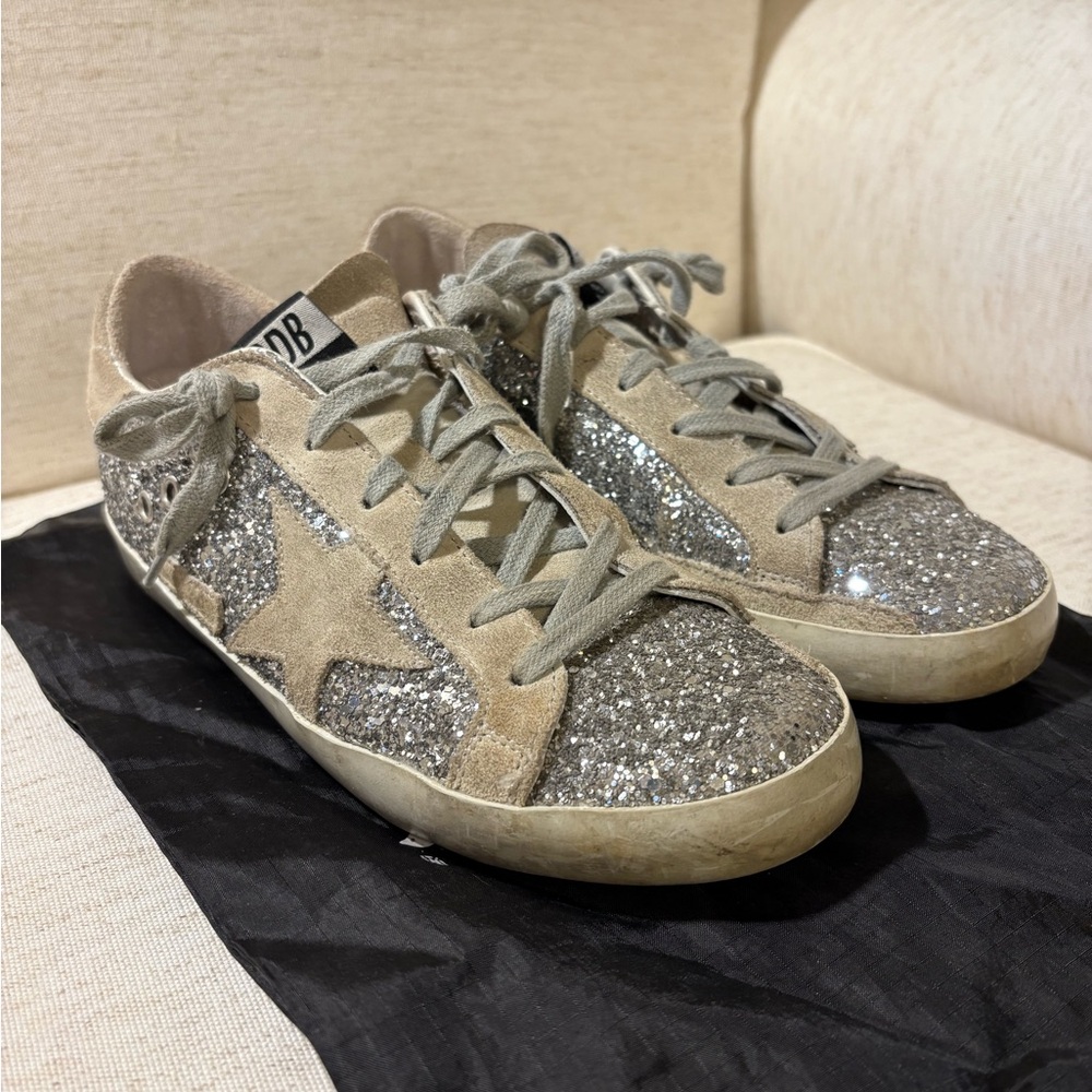 Golden Goose silver glitter low-top sneakers with beige suede